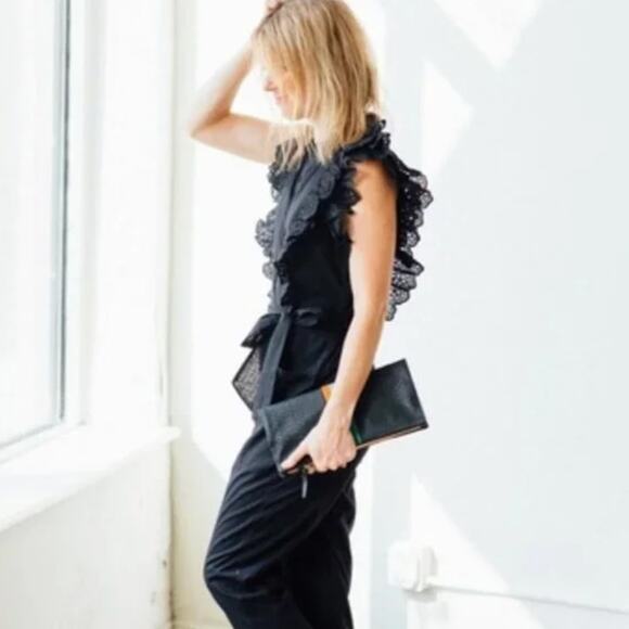 Apiece Apart Jumpsuit Limon Eyelet Ruffle Cotton Crop Sleeveless Black Womens 6 - Picture 4 of 11